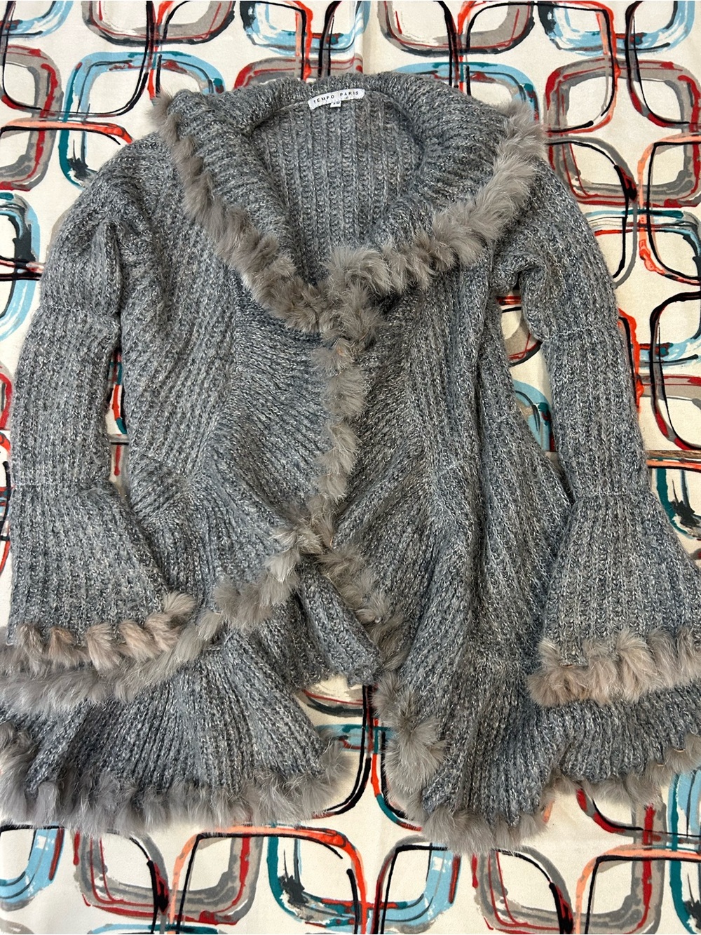 Faux-Fur Trim Gray Knit Women's Sweater Cardigan